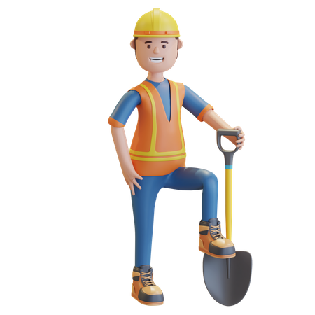 Construction worker carrying shovel  3D Illustration