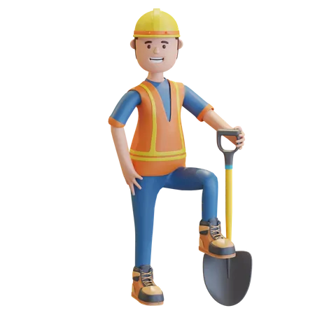 Construction worker carrying shovel  3D Illustration