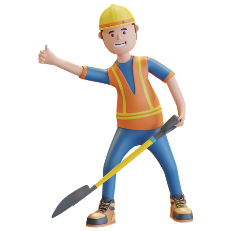 Construction worker carrying shovel  3D Illustration