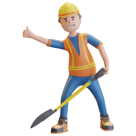 Construction worker carrying shovel  3D Illustration