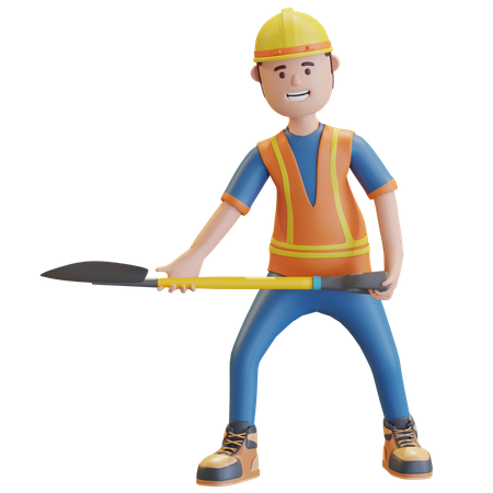 Construction worker carrying shovel  3D Illustration