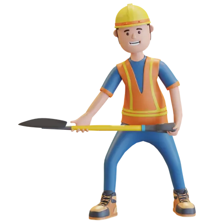 Construction worker carrying shovel  3D Illustration