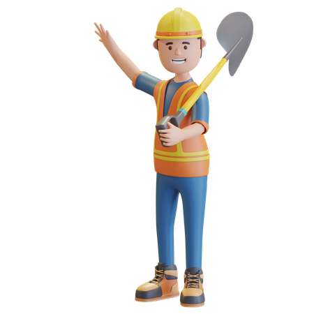 Construction worker carrying shovel  3D Illustration