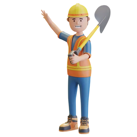 Construction worker carrying shovel  3D Illustration