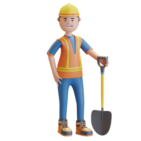 Construction worker carrying shovel  3D Illustration