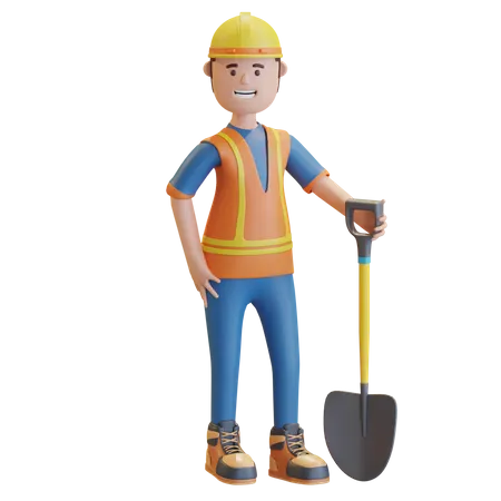 Construction worker carrying shovel  3D Illustration