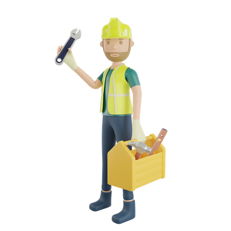 Construction worker carrying tool case and hold wrench  3D Icon