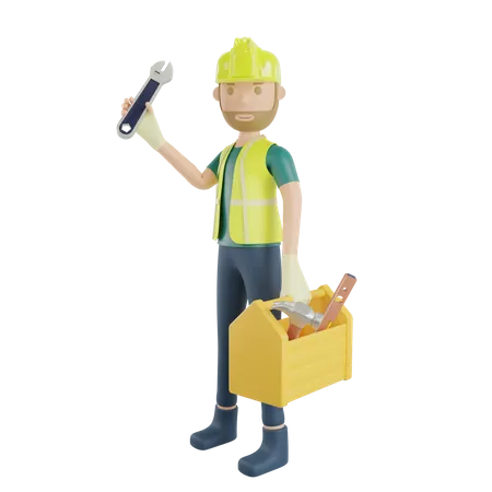 Construction worker carrying tool case and hold wrench  3D Illustration