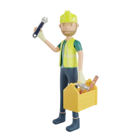 Construction worker carrying tool case and hold wrench 3D Illustration