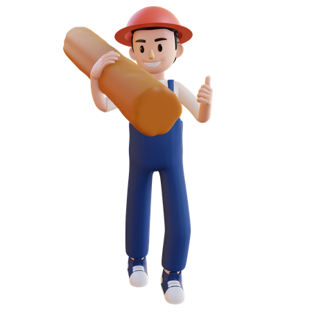 Construction worker carrying wood pipe on shoulder  3D Illustration