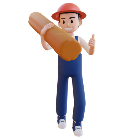 Construction worker carrying wood pipe on shoulder 3D Illustration