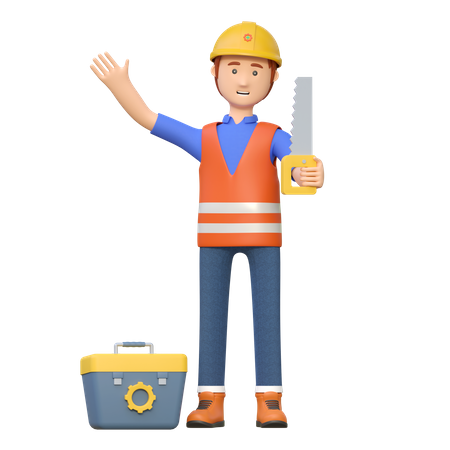 Construction worker carrying wood saw  3D Illustration