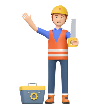 Construction worker carrying wood saw  3D Illustration