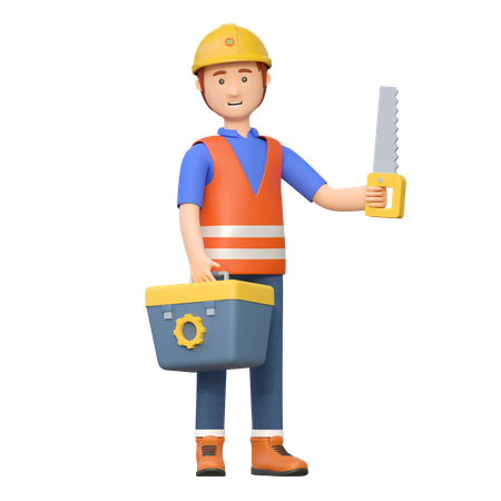 Construction worker carrying wood saw  3D Illustration