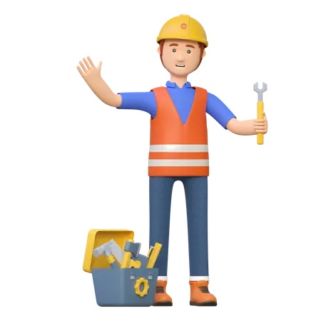 Construction worker carrying wrench  3D Illustration