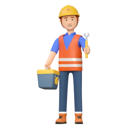 Construction worker carrying wrench  3D Illustration