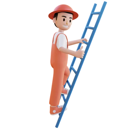 Construction worker climbing ladder  3D Illustration