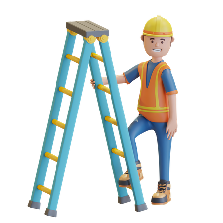 Construction worker climbing on ladder 3D Illustration