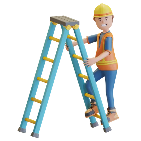 Construction worker climbing on staircase  3D Illustration