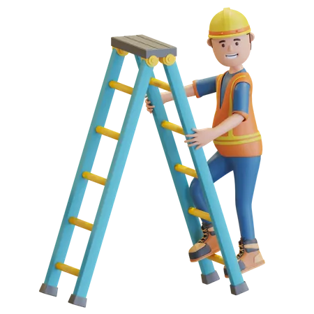 Construction worker climbing on staircase 3D Illustration