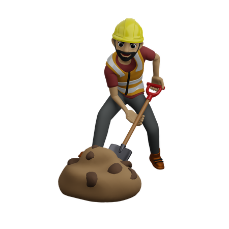 Construction Worker Digging Soild  3D Illustration