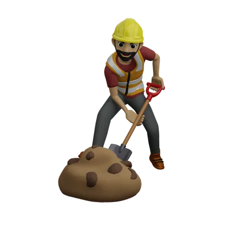 Construction Worker Digging Soild  3D Illustration