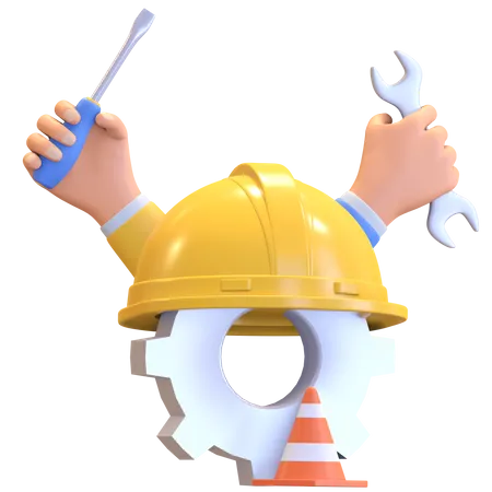 Construction worker helmet and tools 3D Illustration
