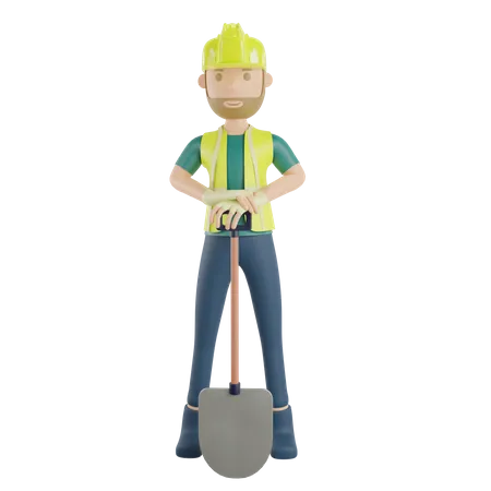 Construction worker holding a shovel  3D Illustration