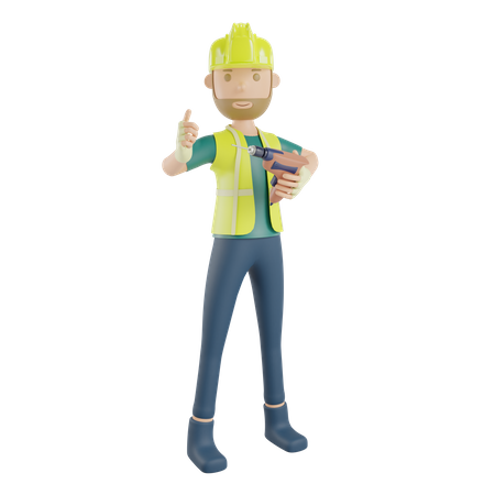 Construction worker holding drill machine  3D Illustration