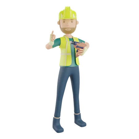 Construction worker holding drill machine  3D Illustration