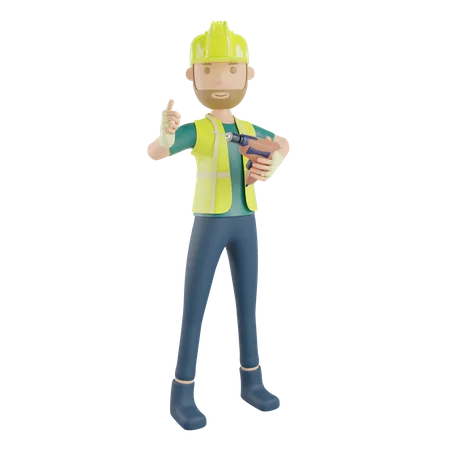 Construction worker holding drill machine 3D Illustration