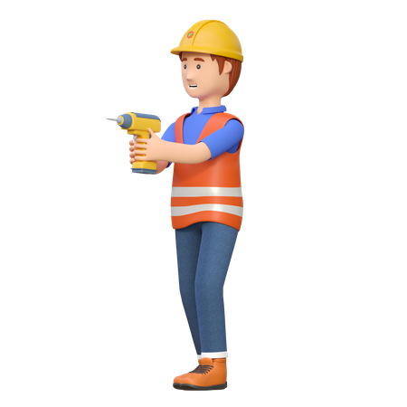 Construction worker holding electric drill  3D Illustration