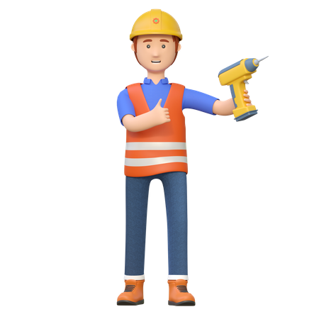 Construction worker holding electric drill  3D Illustration