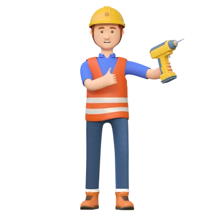 Construction worker holding electric drill  3D Illustration