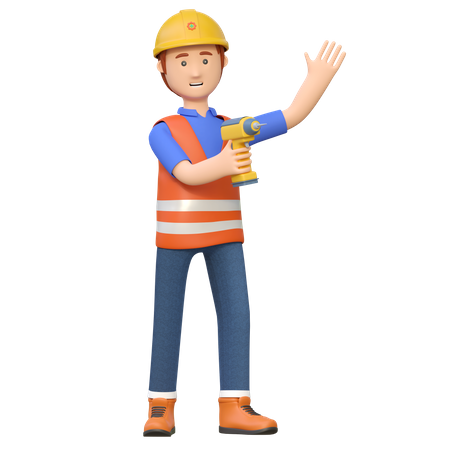 Construction worker holding electric drill  3D Illustration