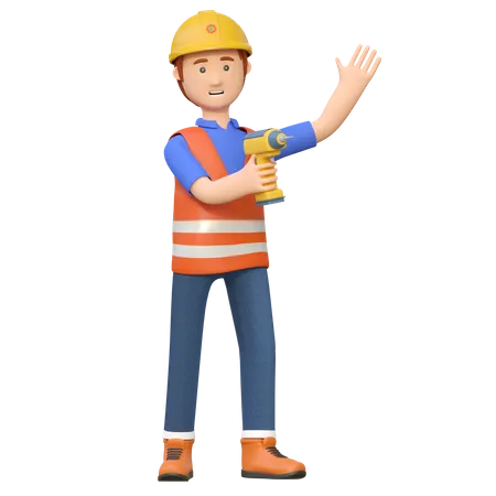 Construction worker holding electric drill  3D Illustration