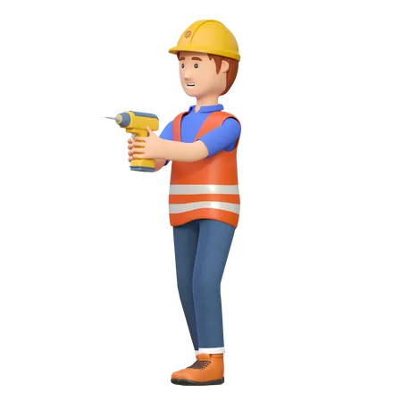 Construction worker holding electric drill  3D Illustration