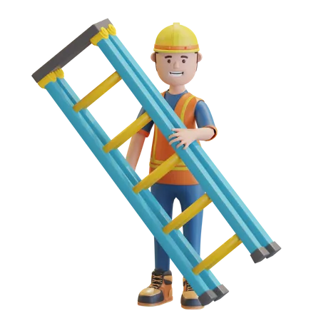 Construction worker holding ladder  3D Illustration