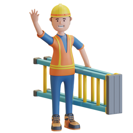 Construction worker holding ladder  3D Illustration