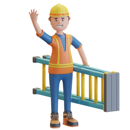 Construction worker holding ladder  3D Illustration