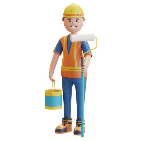 Construction worker holding paint roller and paint bucket  3D Illustration