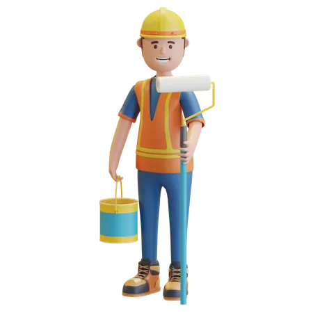 Construction worker holding paint roller and paint bucket  3D Illustration