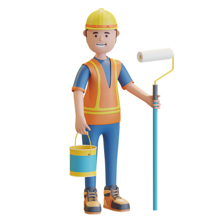 Construction worker holding paint roller and paint bucket  3D Illustration