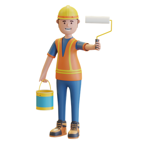 Construction worker holding paint roller and paint bucket  3D Illustration