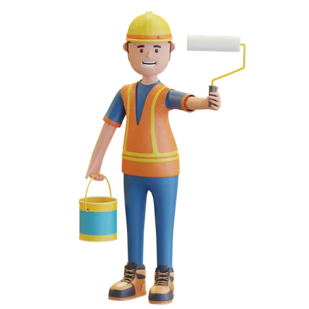 Construction worker holding paint roller and paint bucket  3D Illustration