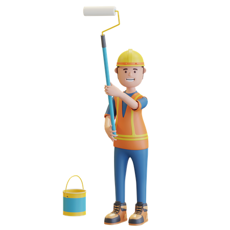 Construction worker holding paint roller and paint bucket  3D Illustration