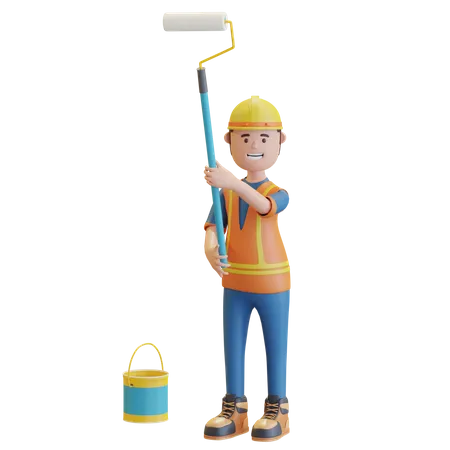 Construction worker holding paint roller and paint bucket  3D Illustration