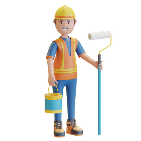 Construction worker holding paint roller and paint bucket 3D Illustration