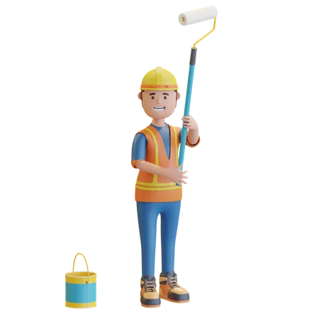 Construction worker holding paint roller and paint bucket 3D Illustration