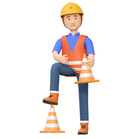 Construction worker holding road cone  3D Illustration